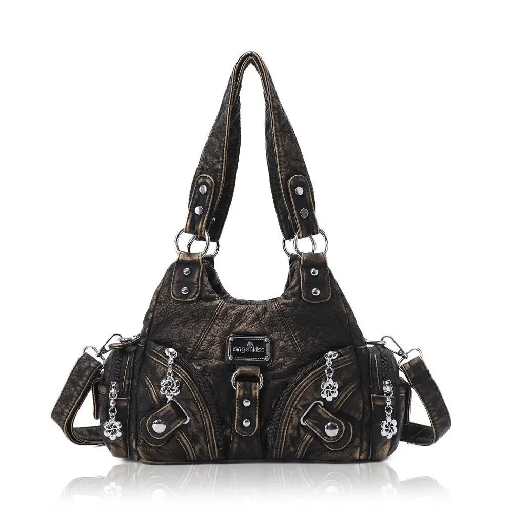 Small Hobo Shoulder Bag Vegan Leather Multi-Pocket Tote Zipper Classic Chic